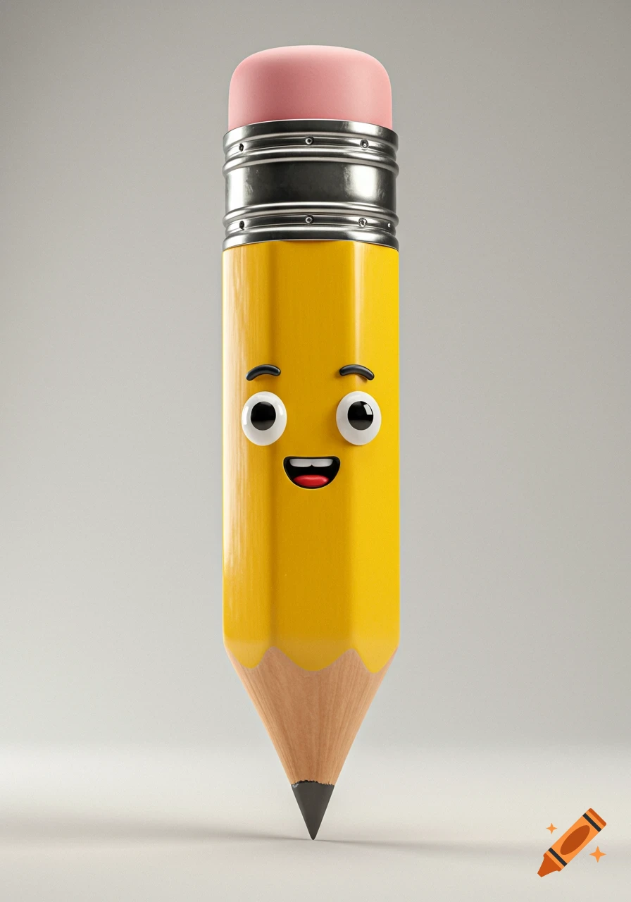 Ultra realistic render of an anthropomorphic bright yellow pencil with cartoon eyes, a smiling mouth, a pink eraser, and a sharp graphite tip.