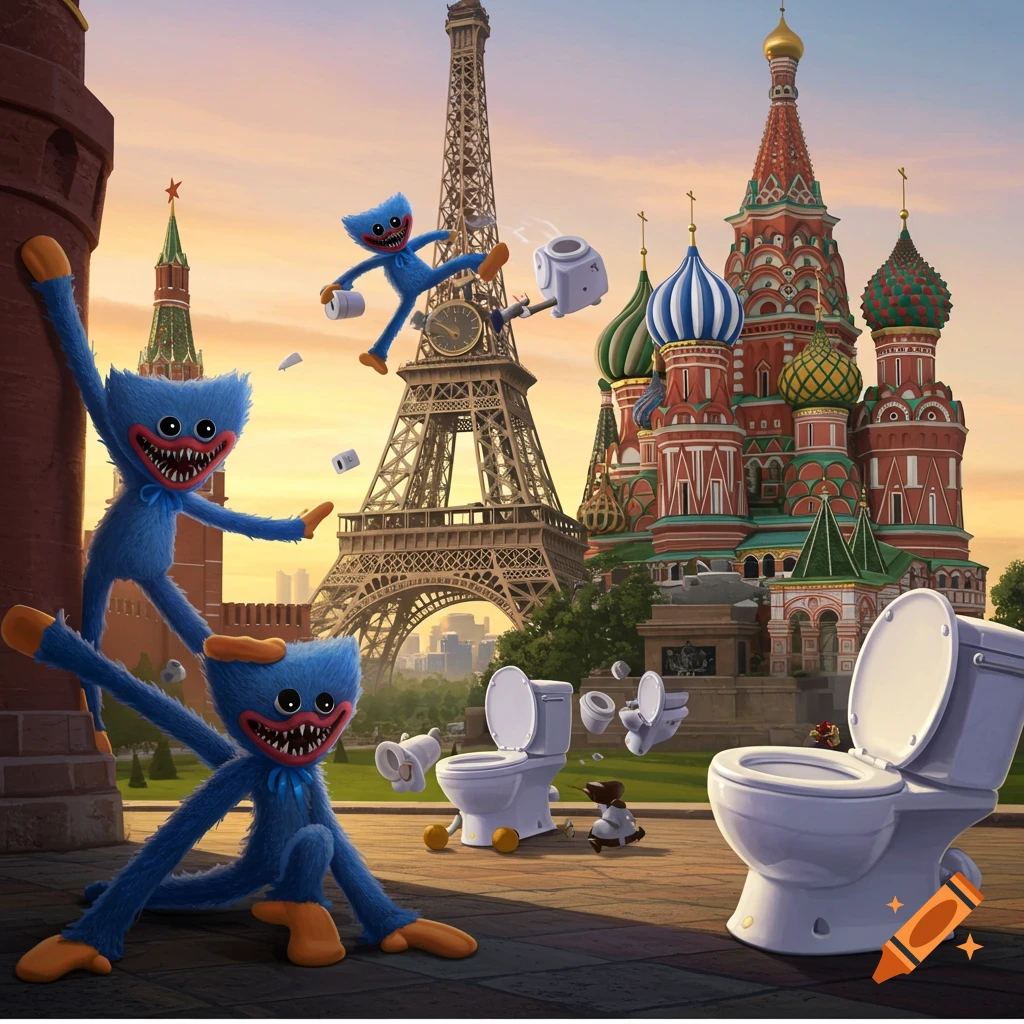 Blue furry Huggy Wuggy monsters attack Skibidi toilets in a surreal landscape featuring the Eiffel Tower and St. Basil's Cathedral.