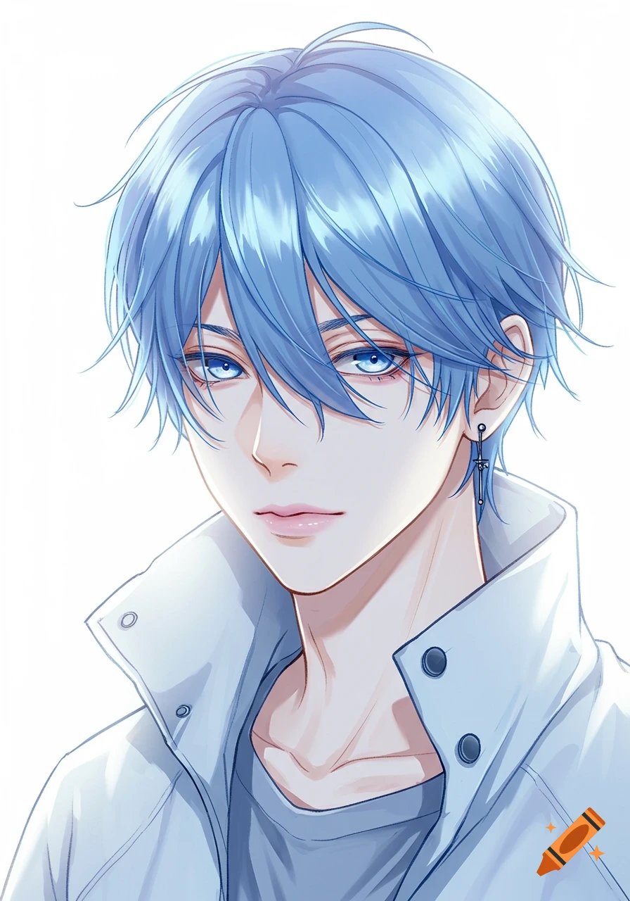 A close-up anime portrait of a blue-haired man with bright blue eyes, wearing a light gray jacket, against a white background.