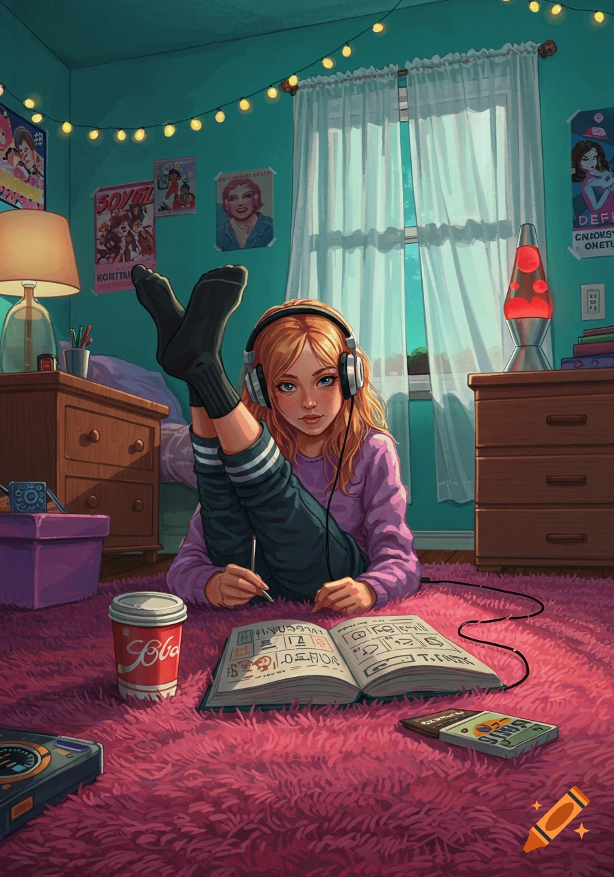 An illustration of a girl in a 2000s-style room, wearing headphones and black socks, lying on a pink shag carpet and drawing in a notebook. A soda cup and a lava lamp are visible.