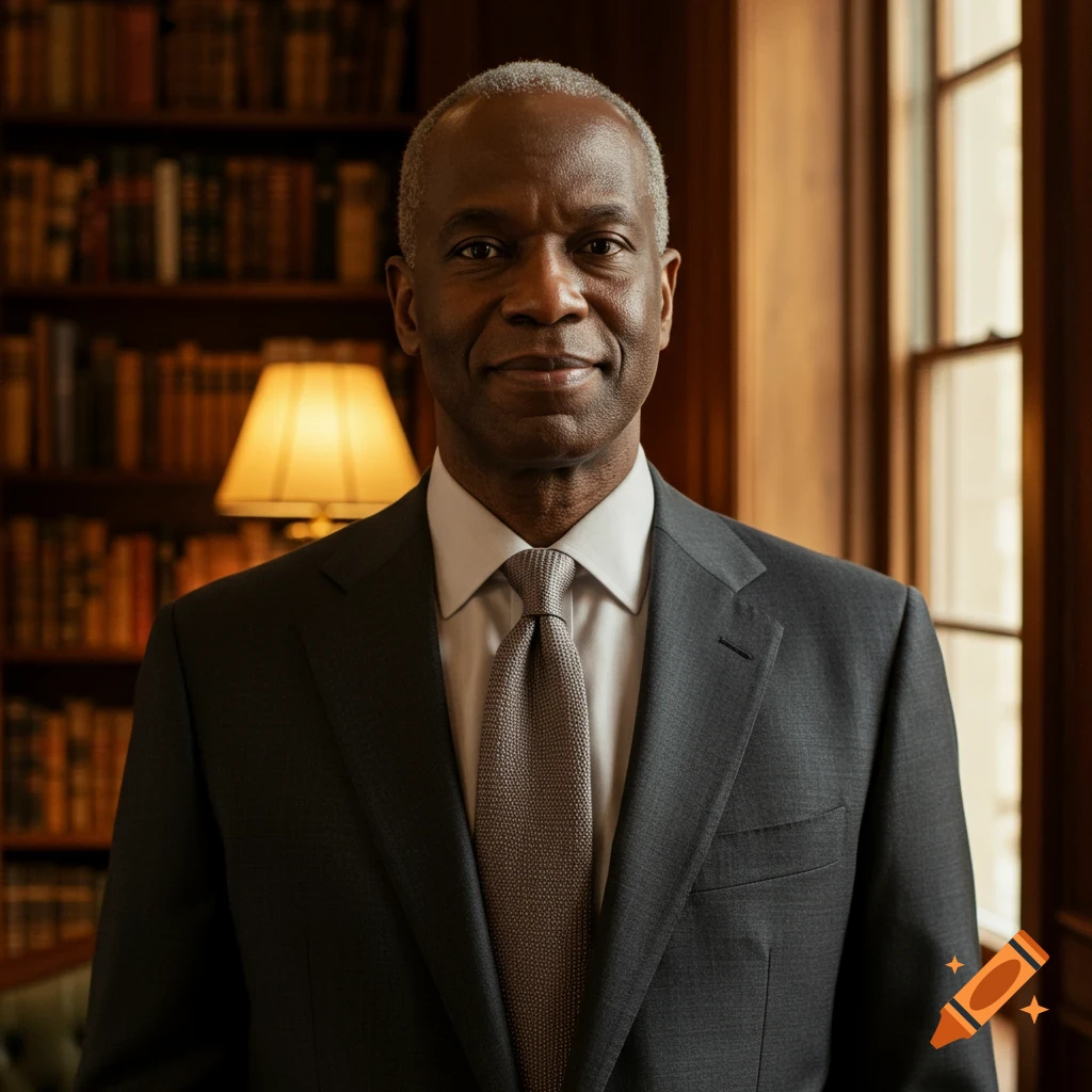 Photorealistic portrait of a distinguished Black man in a dark suit and light tie, standing in a library.