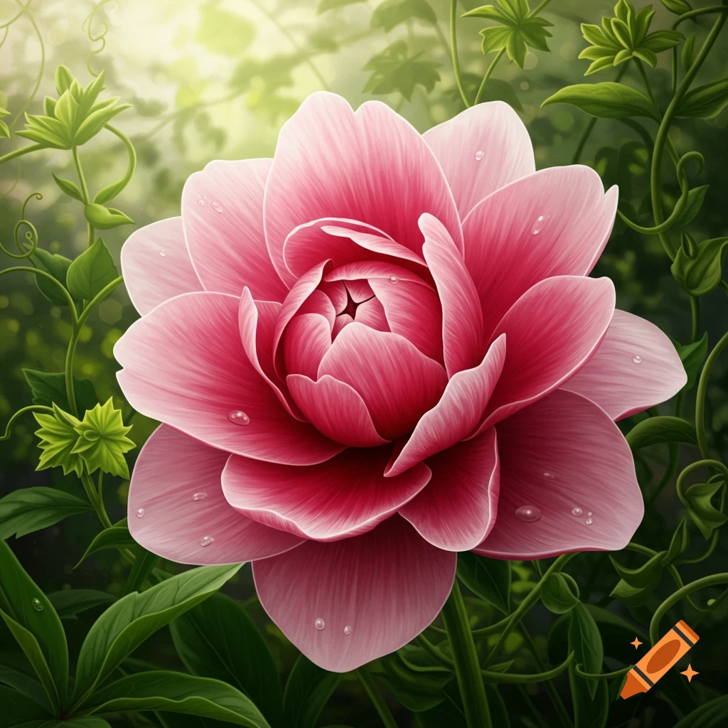 Close-up of a vibrant pink flower with water droplets surrounded by green leaves and vines, bathed in soft light.