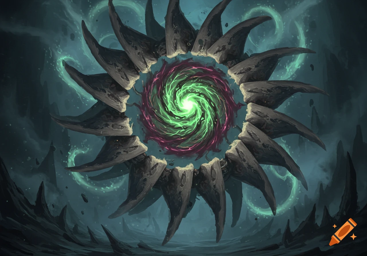 A glowing green and purple swirling energy core surrounded by dark, sharp bone-like plates.