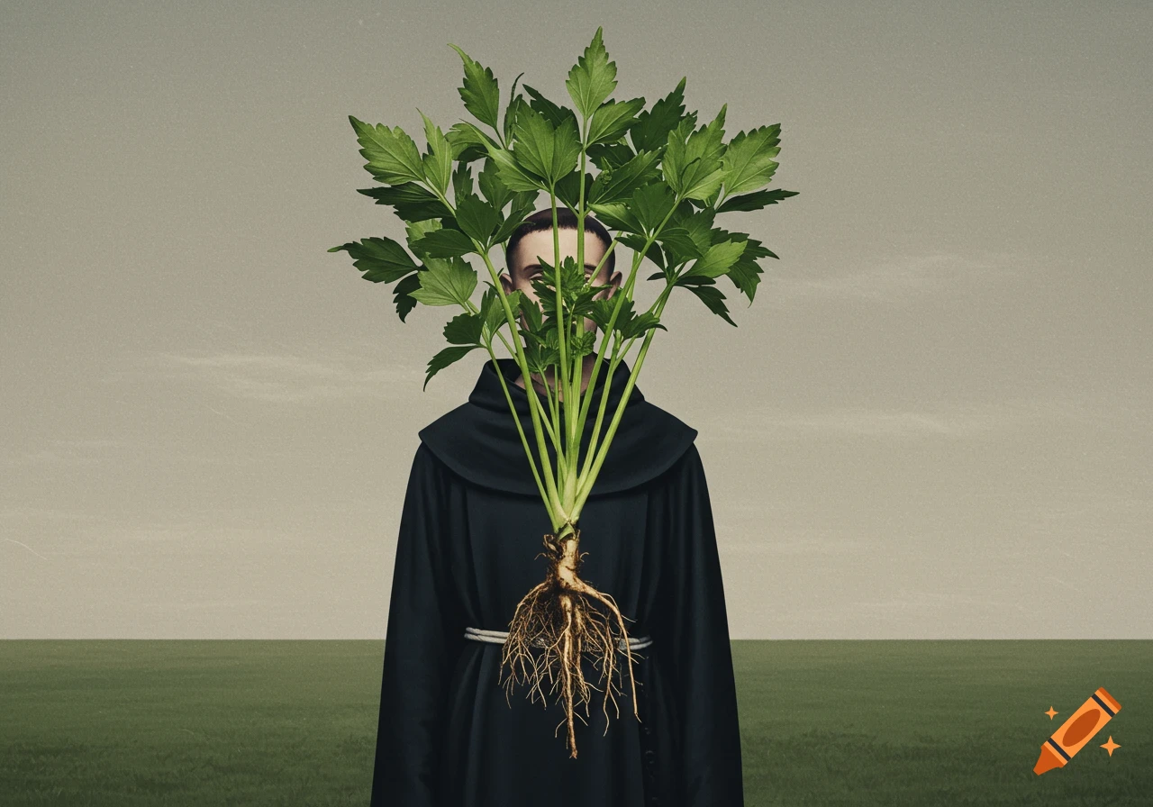 Surrealist painting of a monk in a black cloak standing in a field, a large plant with roots obscuring his face.