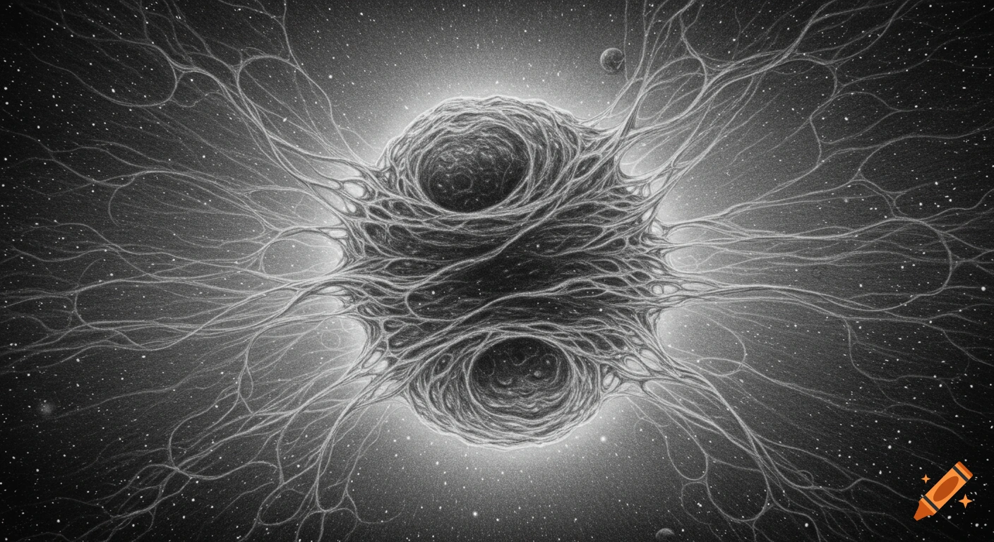 Black and white pencil illustration of a nebulous, tangled mass with filaments extending into a starry cosmic background.