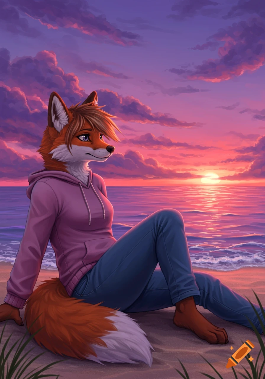 Anthro female fox in a pink hoodie and jeans sits on a beach, gazing at a vibrant pink and purple sunset over the ocean. Digital art.