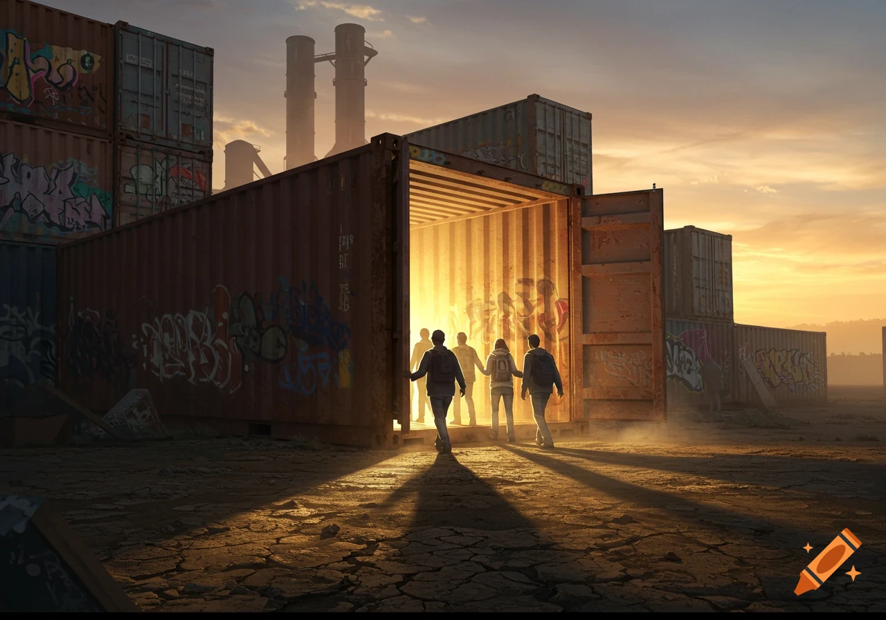 Silhouetted people emerge from a glowing shipping container in a desolate, industrial setting with graffiti-covered containers and factory chimneys at sunset.