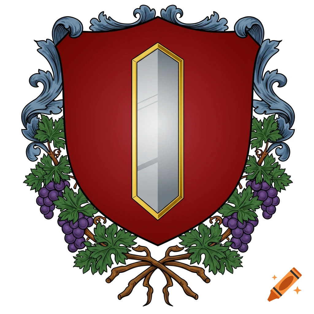 A red shield with a gold-framed silver rectangular mirror at its center, surrounded by blue scrollwork and grapevines with purple grapes.