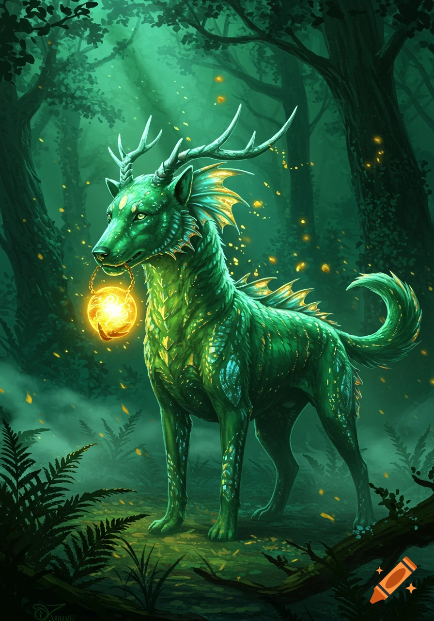 A mystical green scaly dog-like creature with antlers and fins stands in a dark forest, holding a glowing golden orb.