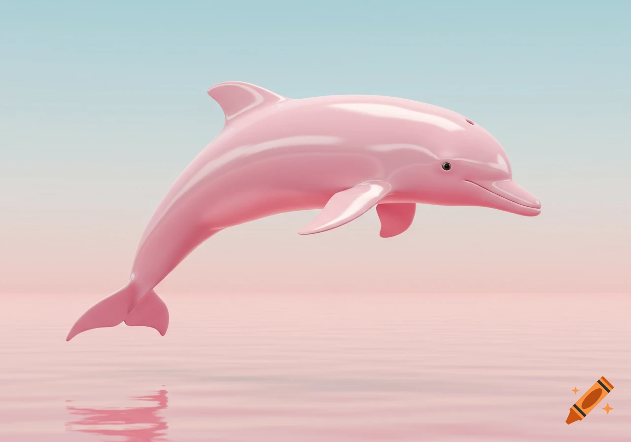 A glossy pink dolphin leaps from a pink sea into a pale blue sky in a minimalist, surreal style.