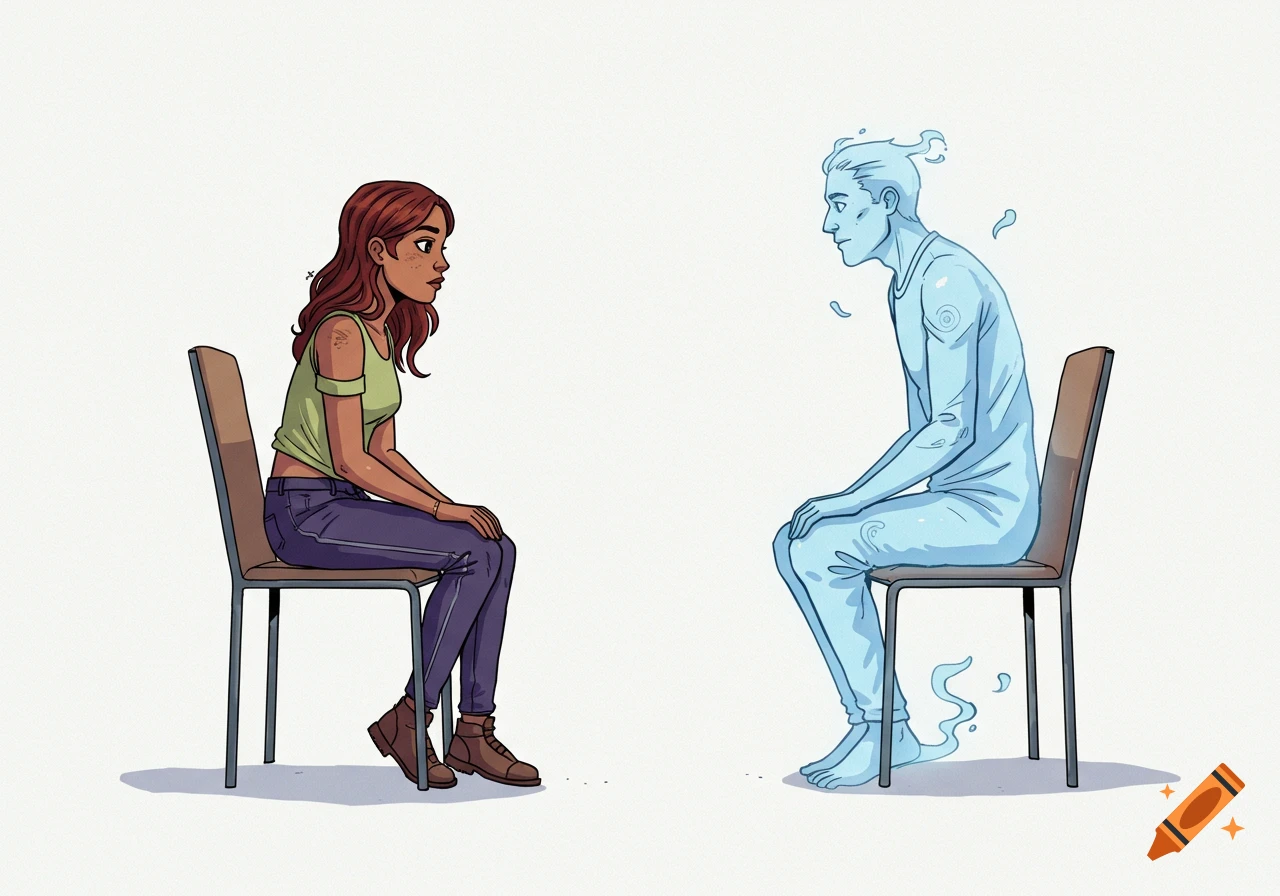 Comic illustration of a woman and a blue, translucent ghost-like man sitting on chairs, facing each other.