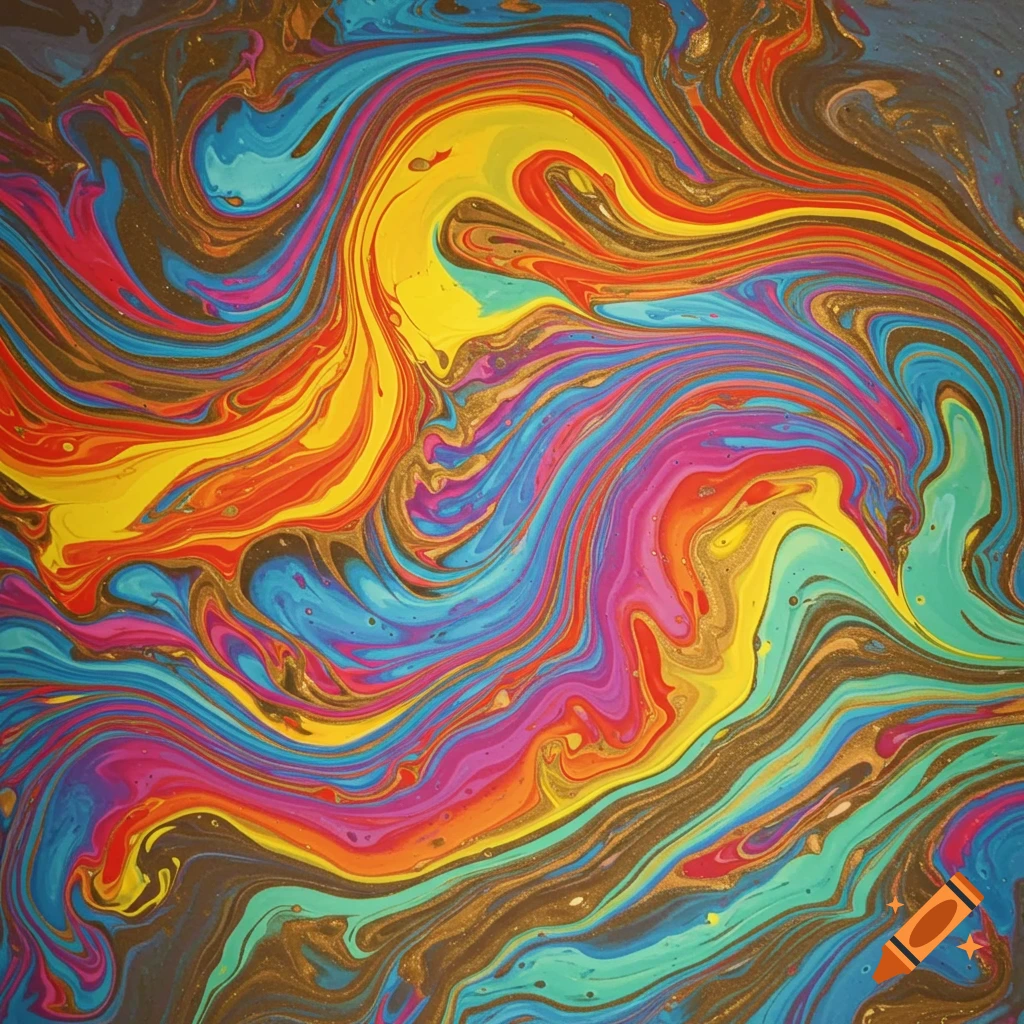 Vibrant abstract fluid art with swirling colors including gold, blue, red, yellow, and pink.