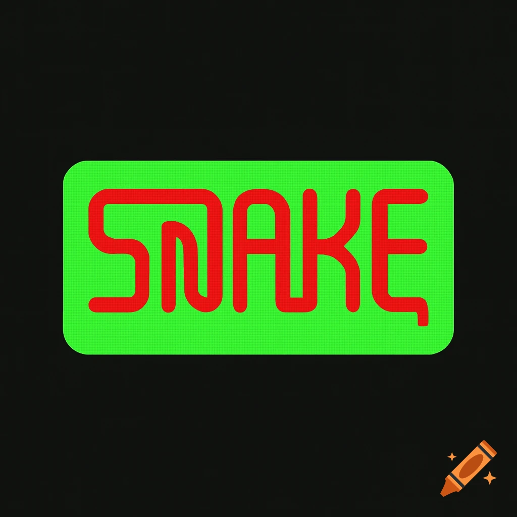 Retro red 'SNAKE' text on a pixelated green rectangle with rounded corners against a black background.