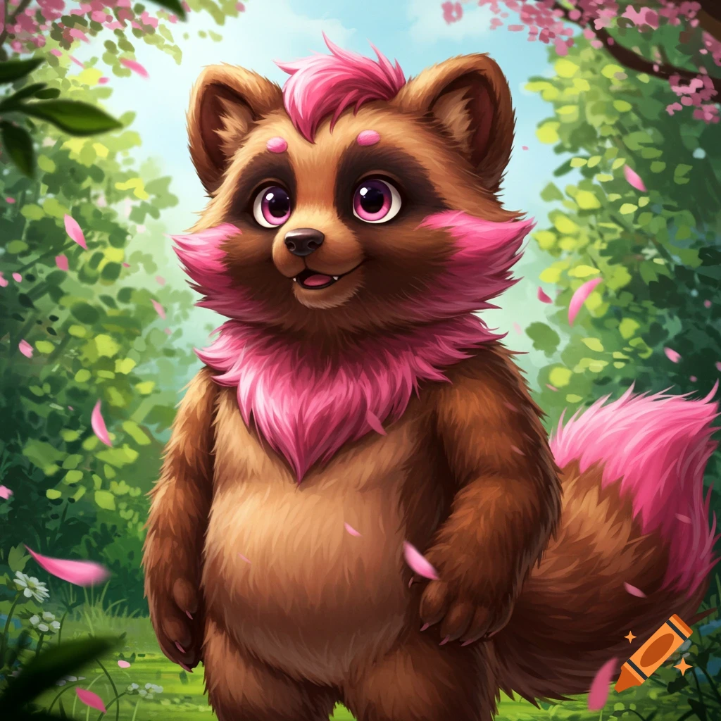 A cute, stylized brown tanuki character with bright pink fur accents and large pink eyes stands in a lush green forest with falling pink petals, in a digital art style.