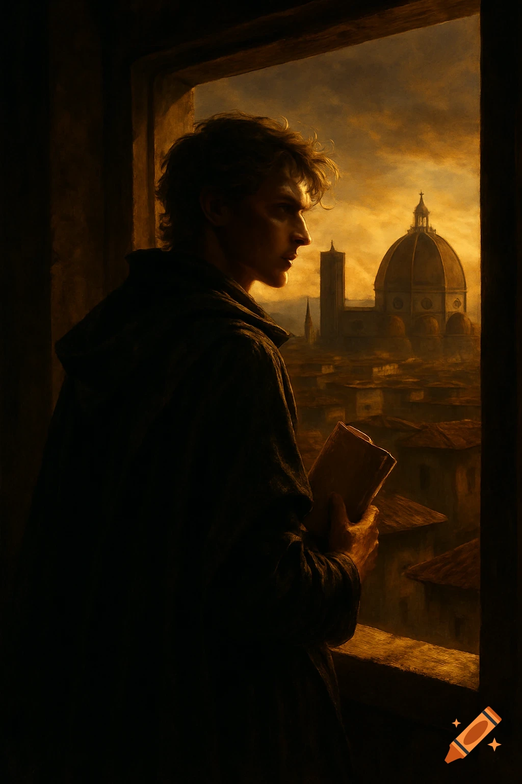 A young man in a dark cloak holds a book, looking out a window at a golden-toned Renaissance city with a large dome at dawn.
