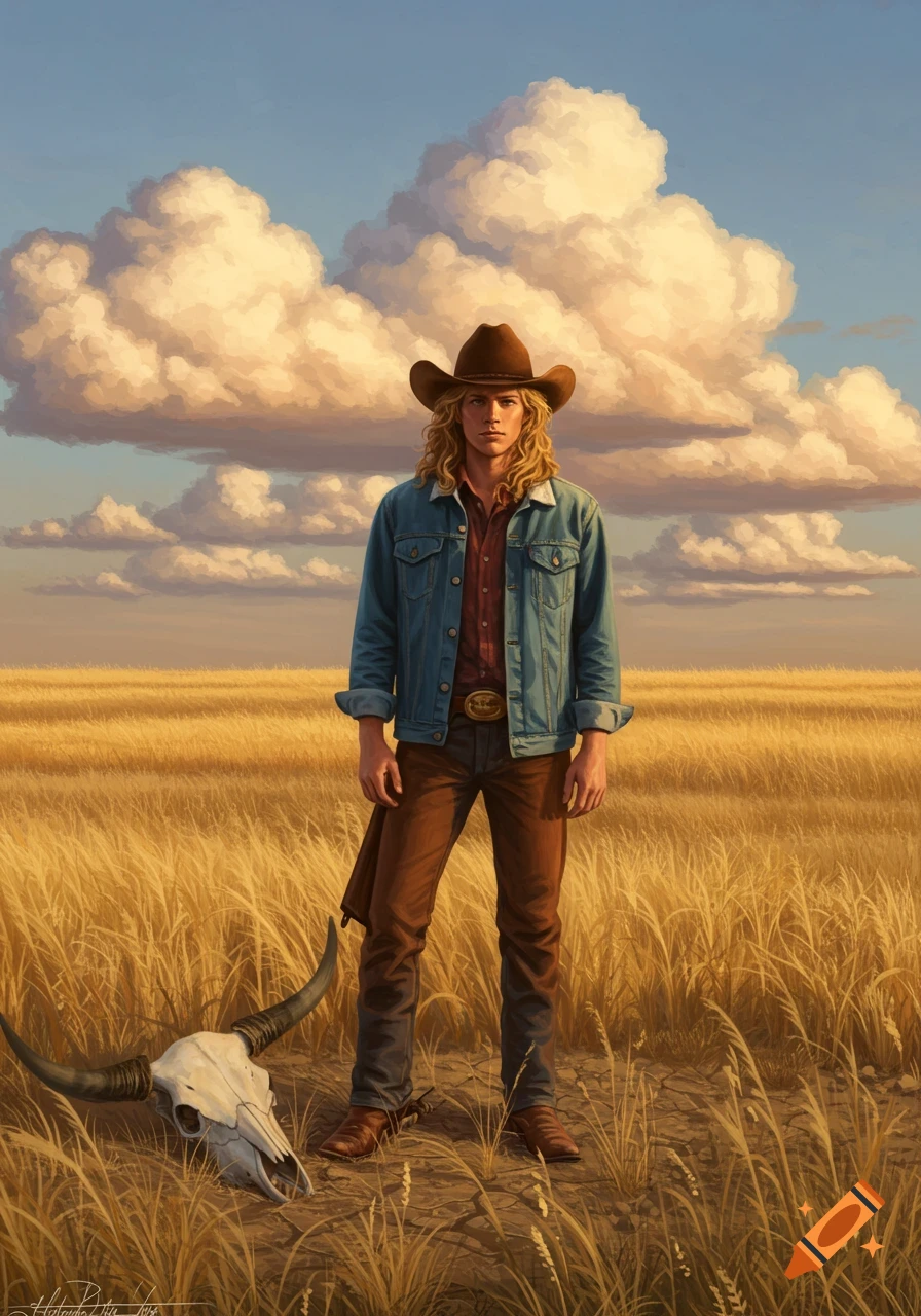 A blonde cowboy with long hair in a denim jacket stands in a golden wheat field with a bull skull at his feet, under a cloudy sky.