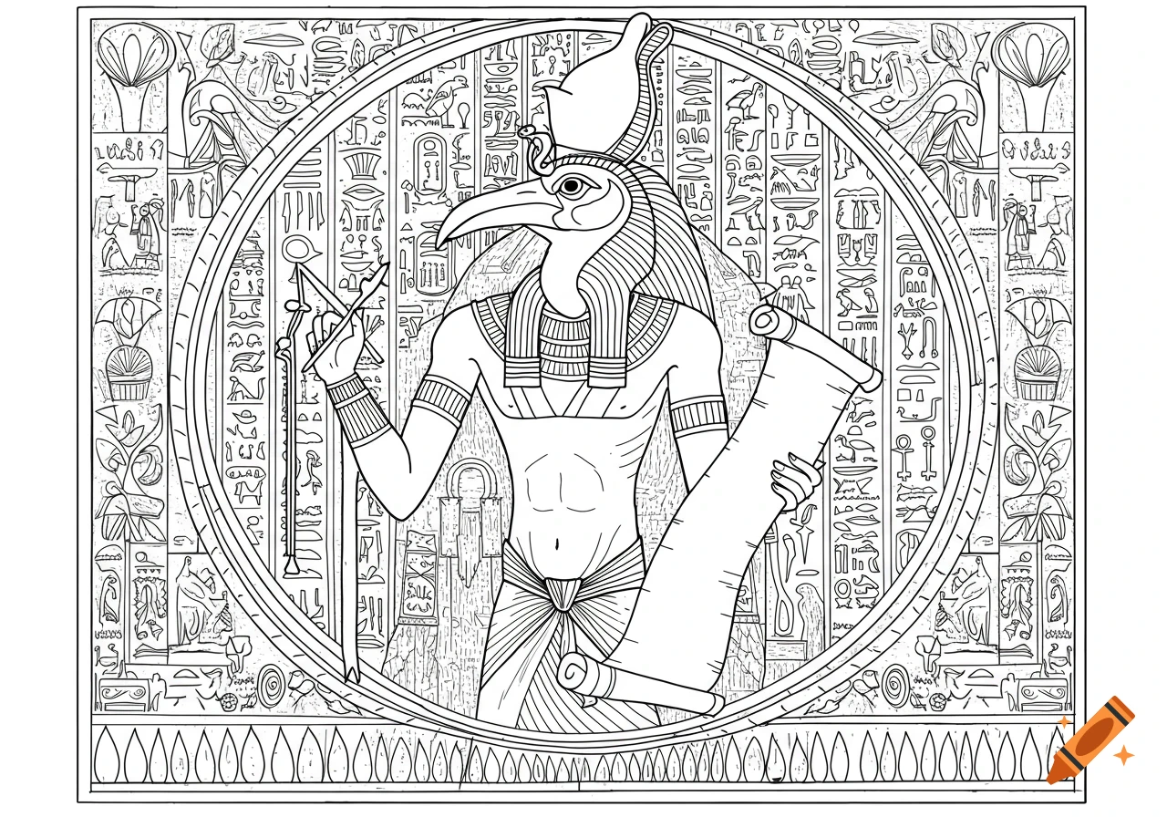 Highly detailed black and white line art coloring page of Thoth, the ancient Egyptian god, with an ibis head, holding a writing tool and papyrus scroll, set against hieroglyphics and Egyptian patterns.