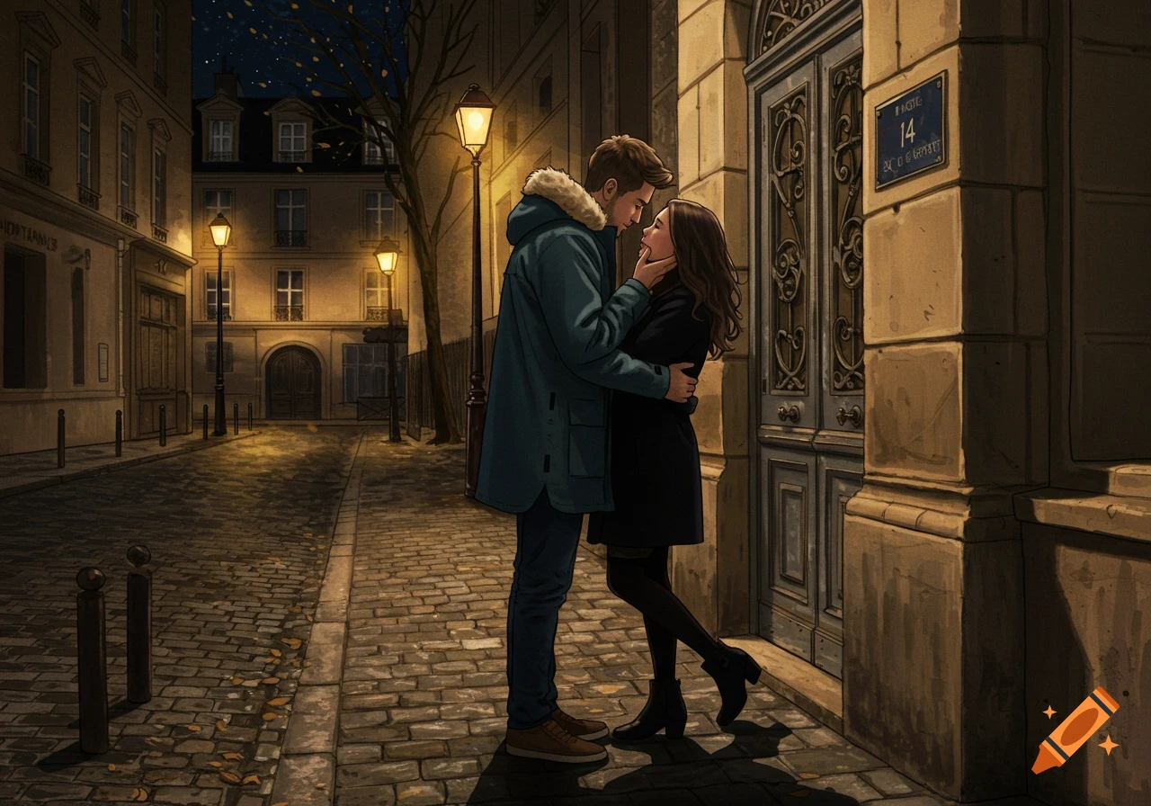 Illustrative depiction of a couple embracing on a cobblestone street at night in Paris, under streetlights.