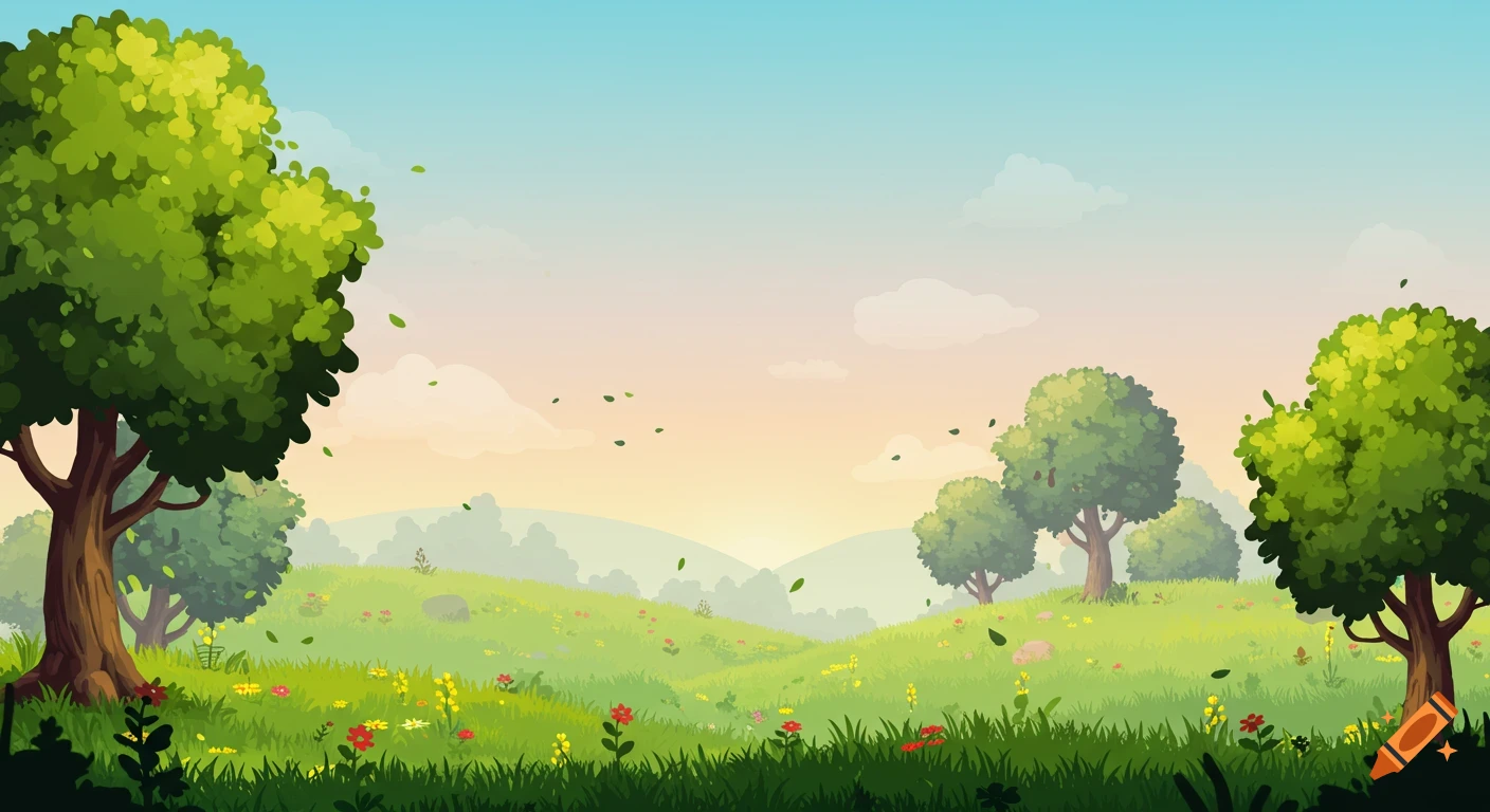 A vibrant 2D cartoon landscape with green rolling hills, numerous trees, colorful flowers, and a light blue and peach sky.