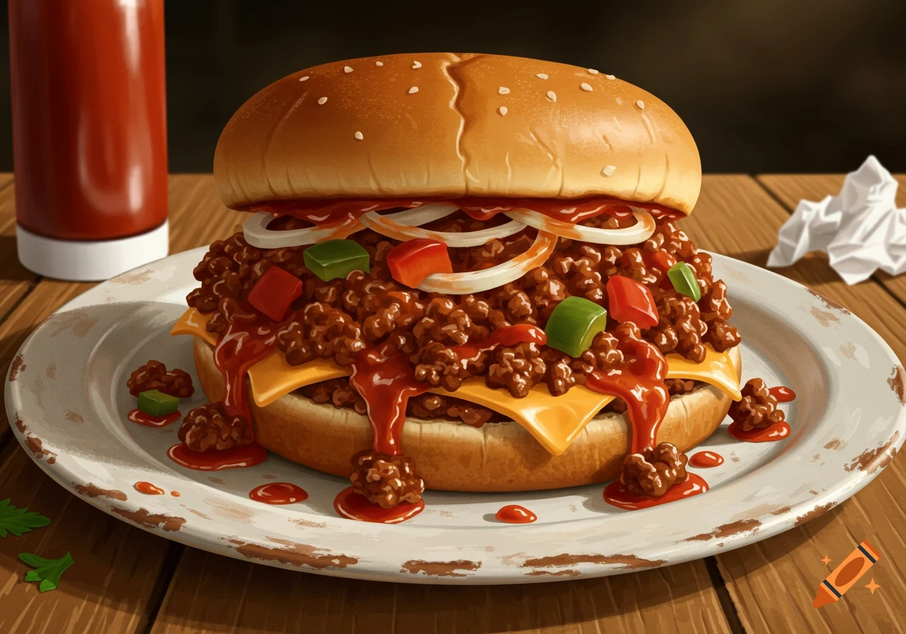A very sloppy Sloppy Joe sandwich with ground beef, cheese, onions, and peppers, sauce dripping onto a white plate. Realistic illustration.
