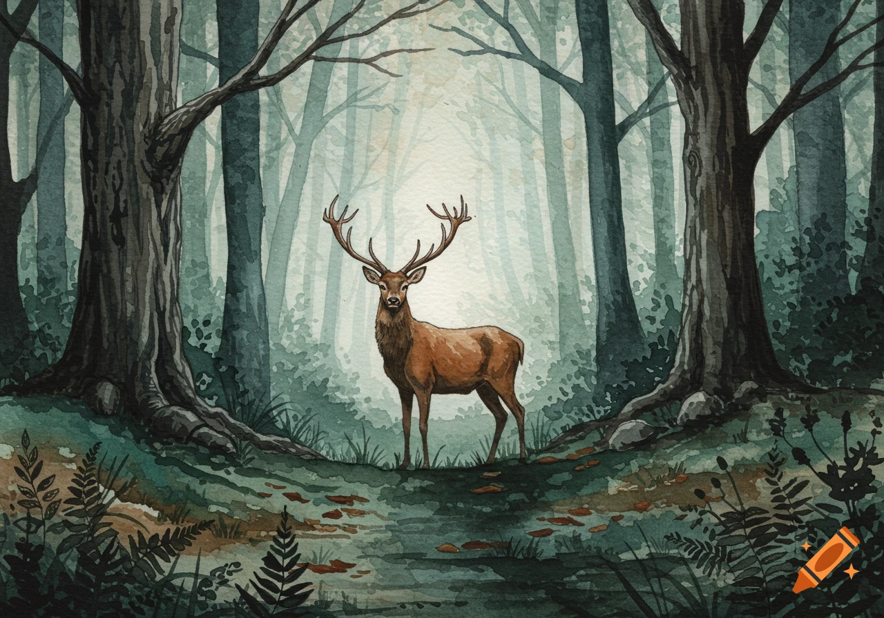 Watercolor illustration of a deer with antlers standing in a misty forest.