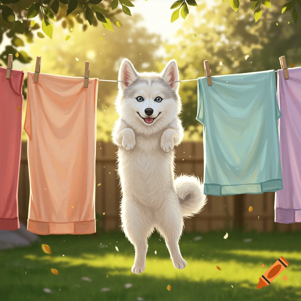 A fluffy white puppy, resembling a husky or Samoyed, stands upright in a sunny backyard amidst clothes hanging on a line, with green leaves overhead.