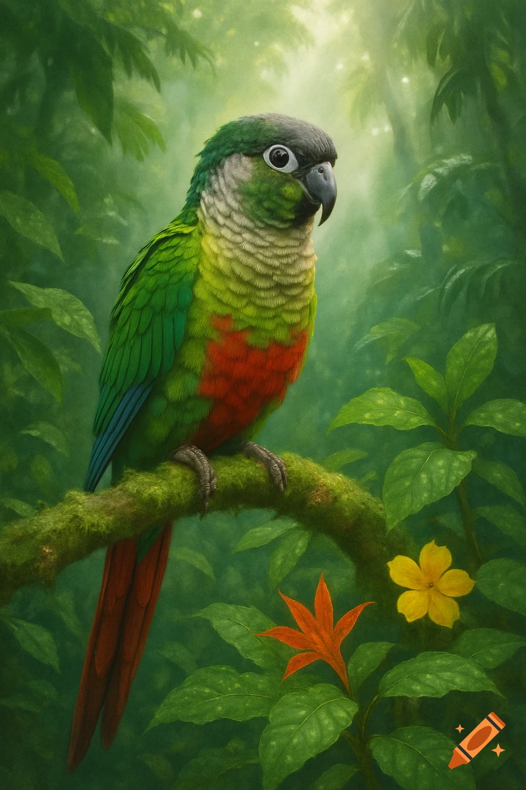 A green and red parrot with a grey head perches on a mossy branch in a lush, misty jungle, surrounded by green leaves and two small flowers.