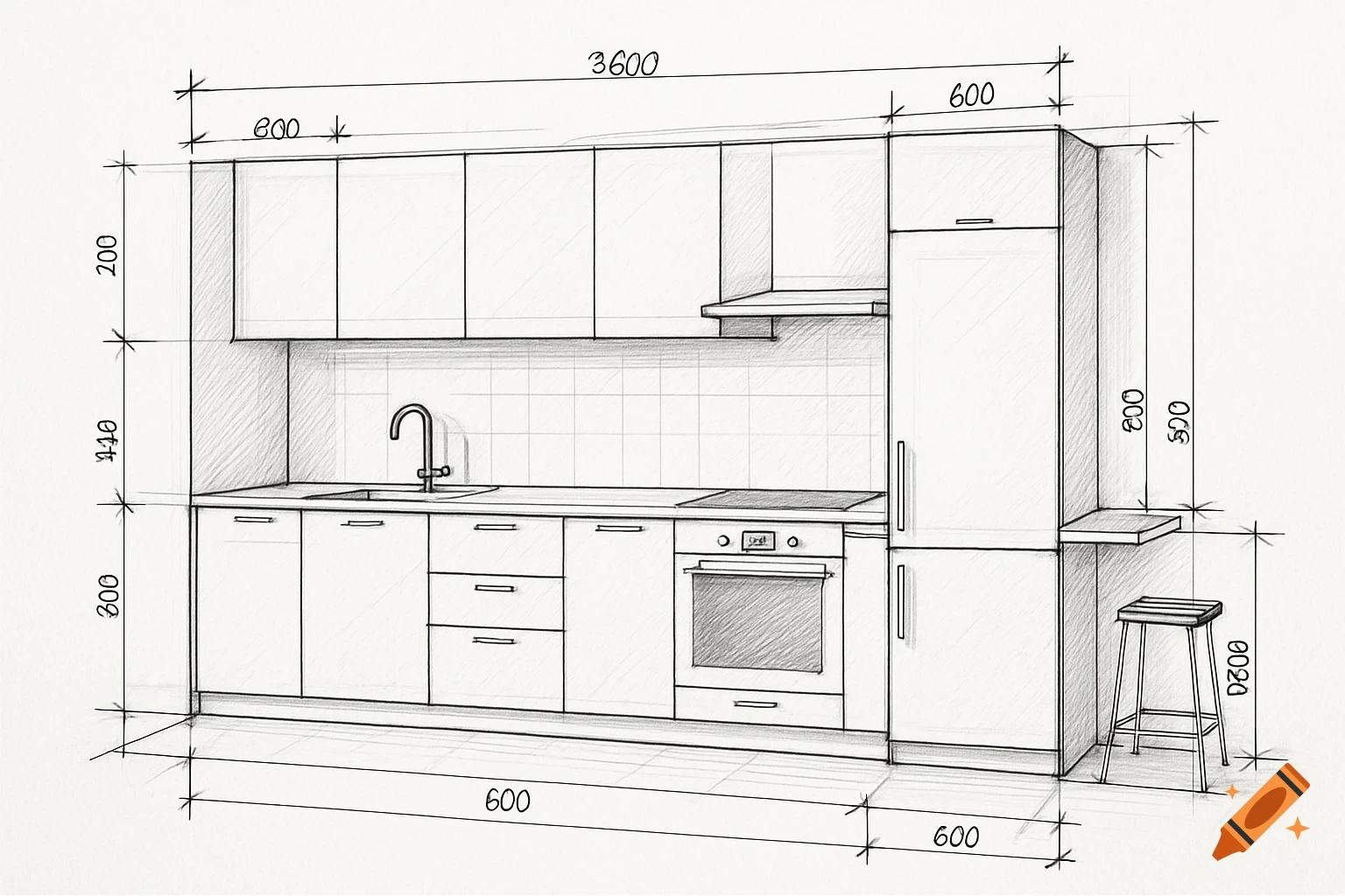 Hand-drawn architectural sketch of a modern kitchen layout with upper and lower cabinets, sink, oven, and dimensions.