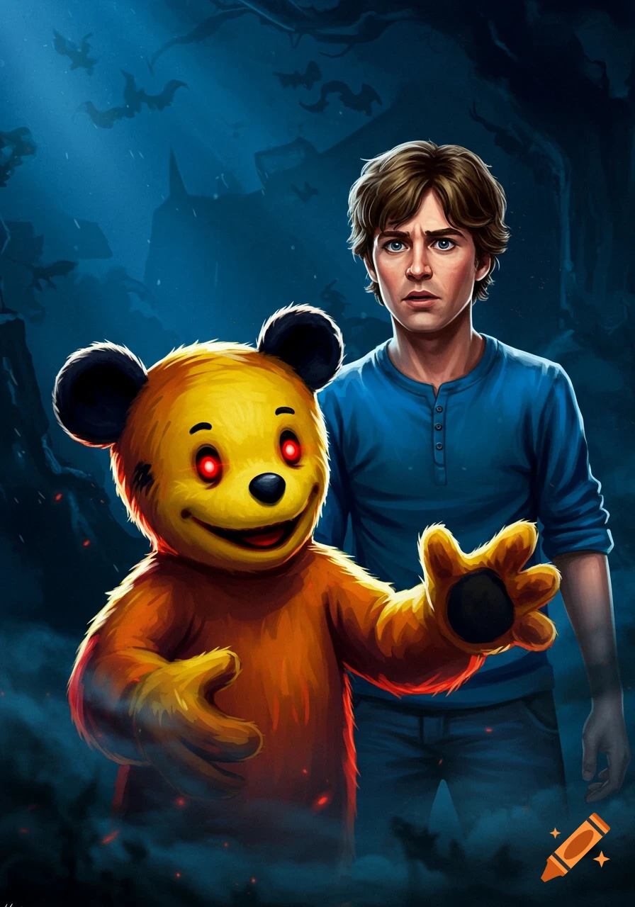 A concerned boy stands next to a yellow, demonic teddy bear with glowing red eyes and an outstretched paw, in a dark, bat-filled landscape.