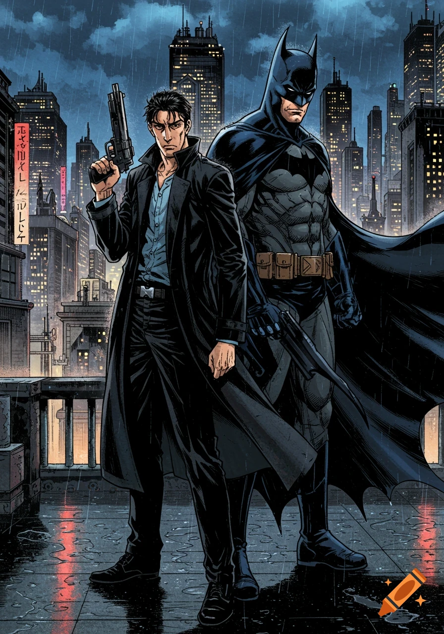 Batman and a man in a trench coat holding a pistol stand on a rainy city rooftop at night in a comic book style.