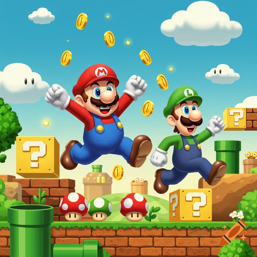 Mario and Luigi jump through a vibrant Super Mario Bros. level with coins, question blocks, and pipes.