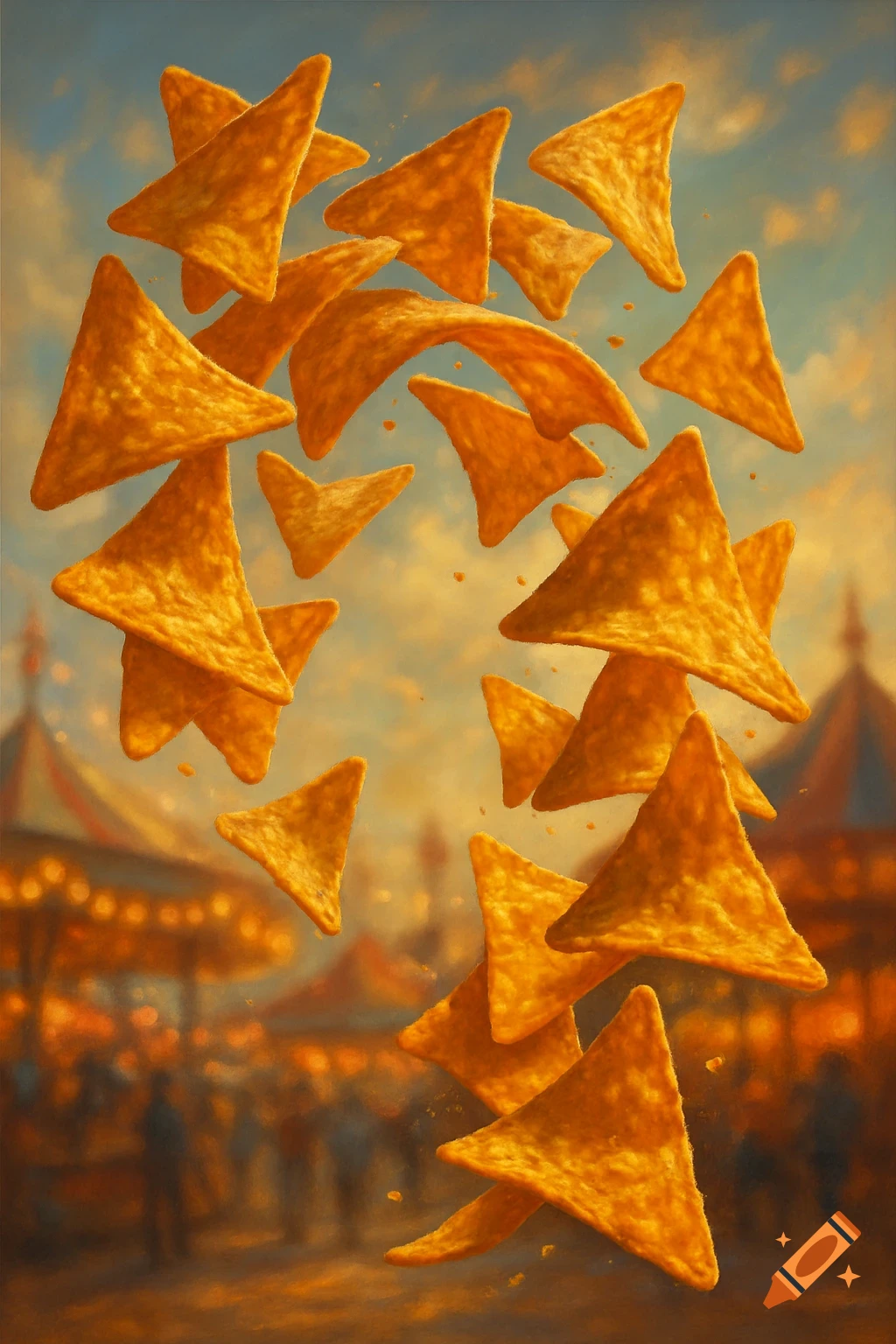 Many Doritos chips float over a bustling, blurred carnival scene at sunset.