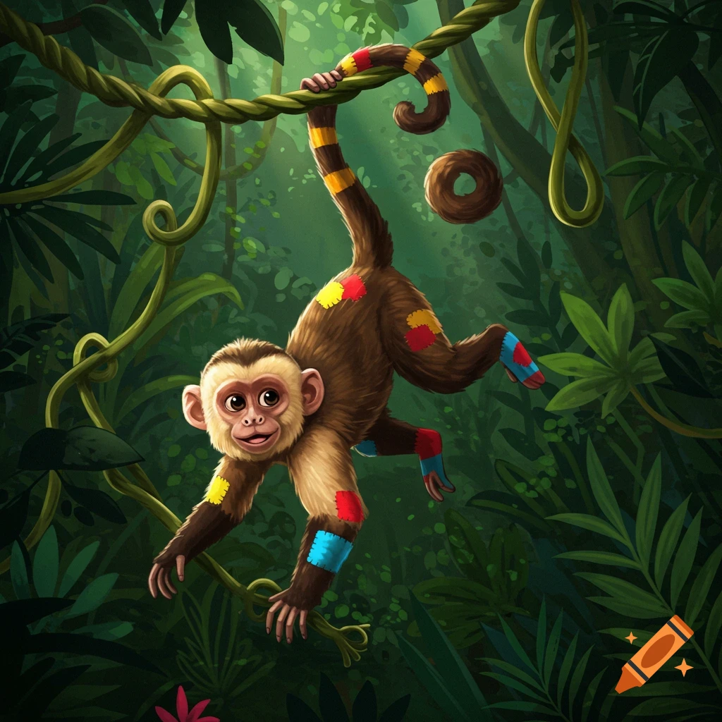 A cartoonish capuchin monkey with colorful sock-like patches hangs from a vine in a lush green jungle.