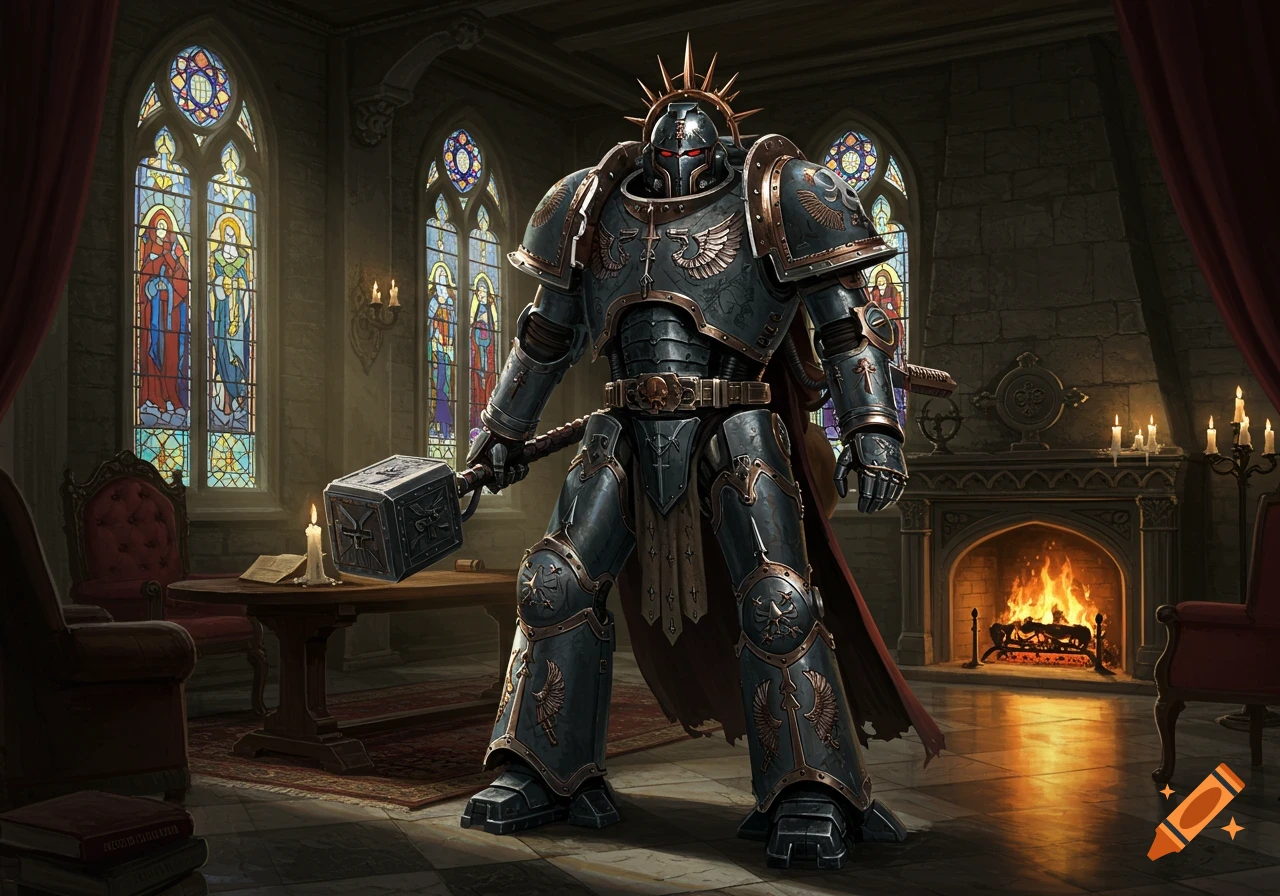 A Warhammer Grey Knight in heavy armor stands in a gothic room with stained glass windows, holding a large hammer.
