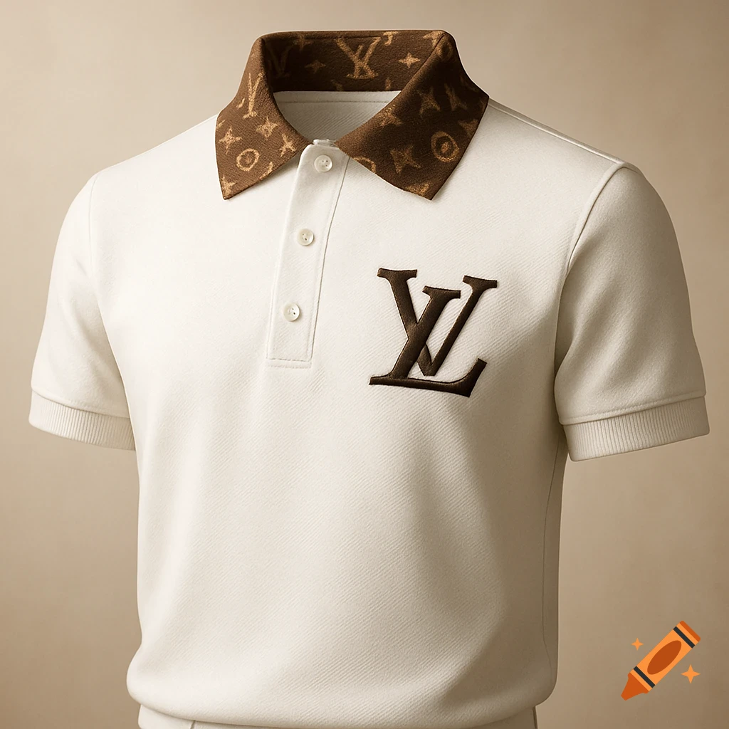 White polo shirt with a brown Louis Vuitton monogram collar and a prominent brown LV logo embroidered on the chest.