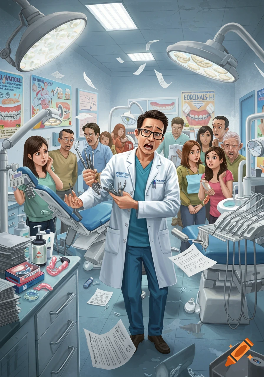 Cartoon of a panicked male dentist holding tools in a chaotic orthodontist's office, surrounded by shocked patients.