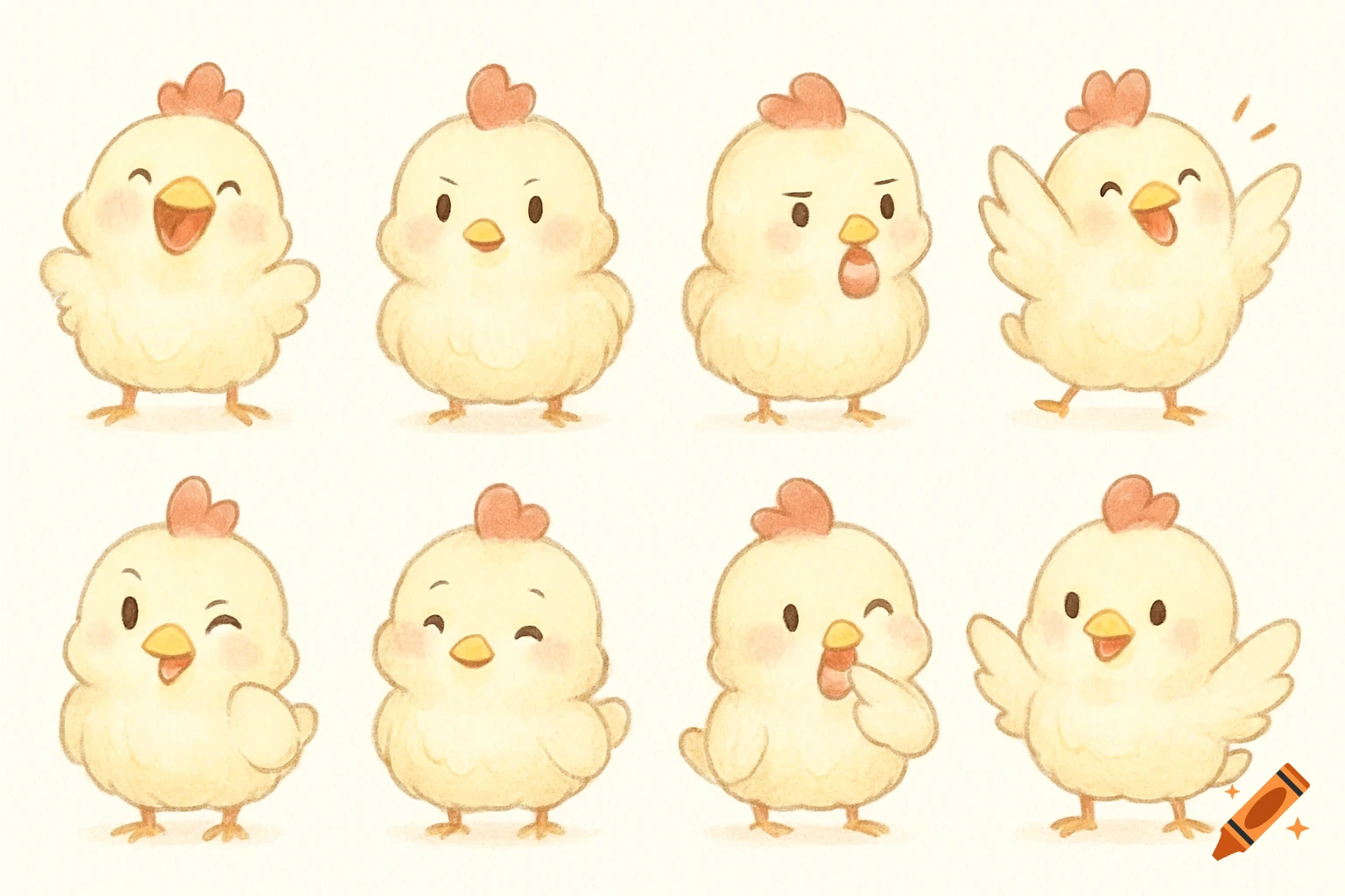 Eight cute cartoon chicks in a watercolor style, each with a different facial expression.