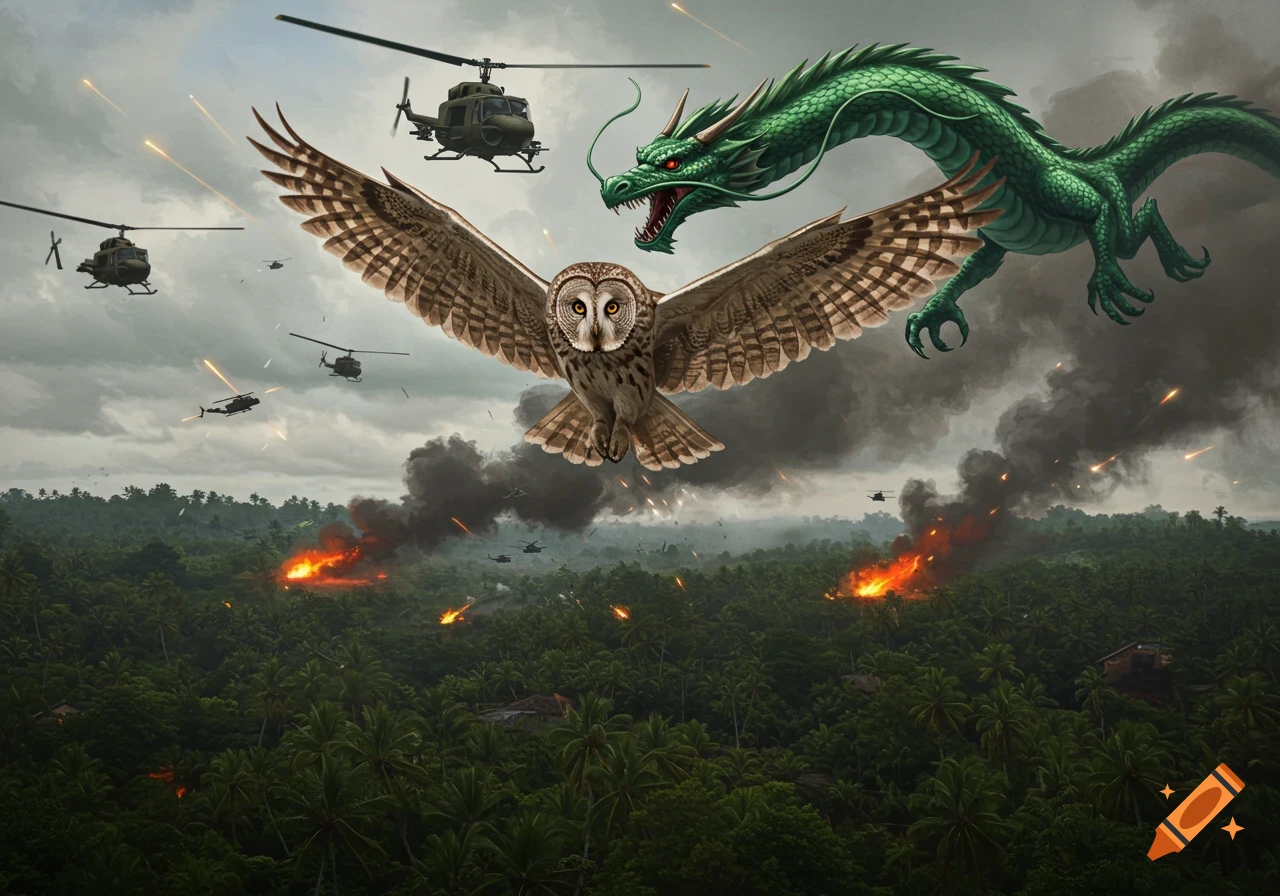 A majestic owl and a green dragon fly above a war-torn jungle with helicopters, explosions, and smoke under a cloudy sky.