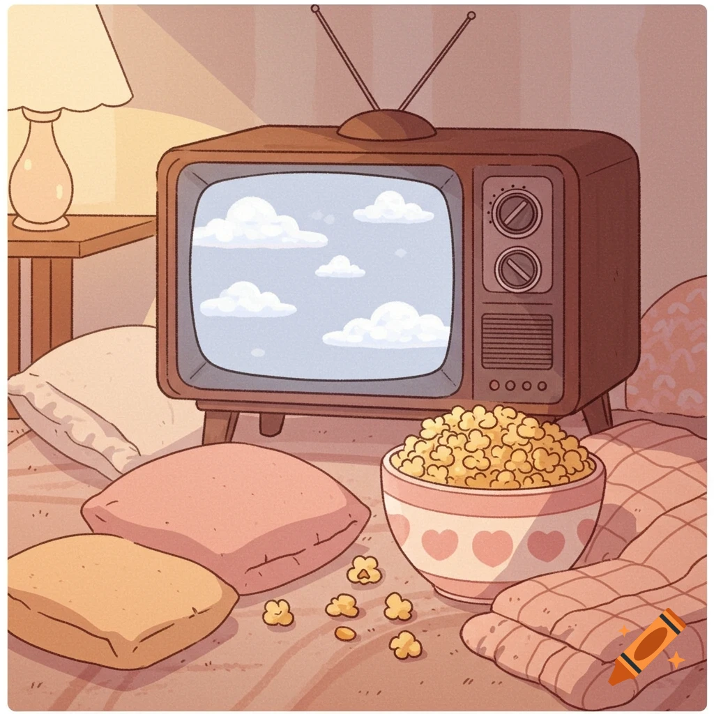 Cute illustration of a cozy scene with a retro TV showing clouds, a bowl of popcorn, pillows, and a blanket.