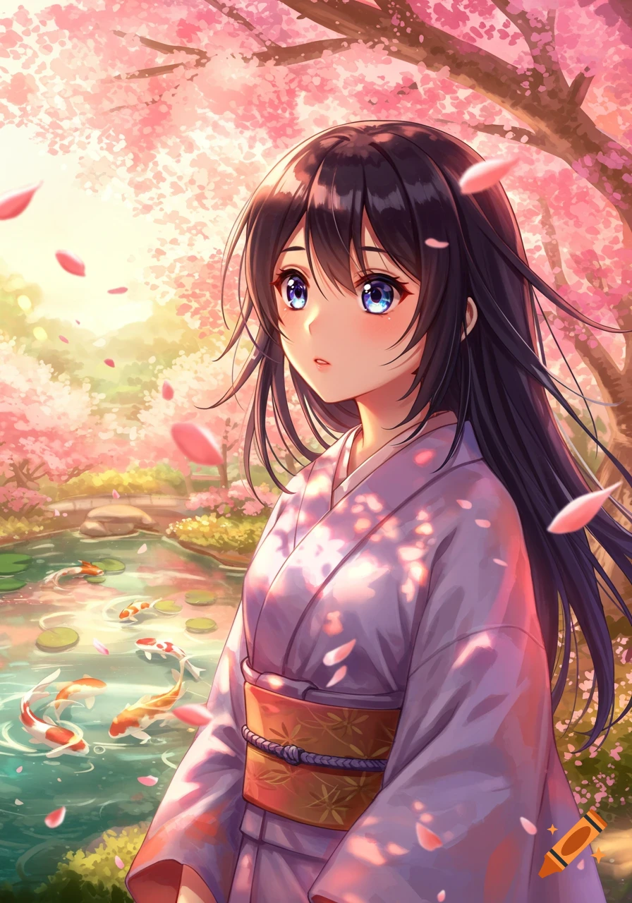 An anime girl in a kimono stands in a Japanese garden under pink cherry blossoms, looking at koi fish in a pond.