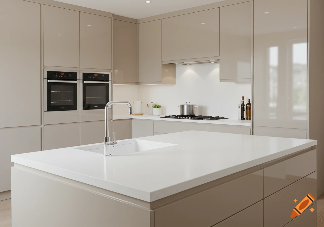 Modern kitchen with high-gloss beige cabinets, white quartz countertop, and island with sink, in a photorealistic style.