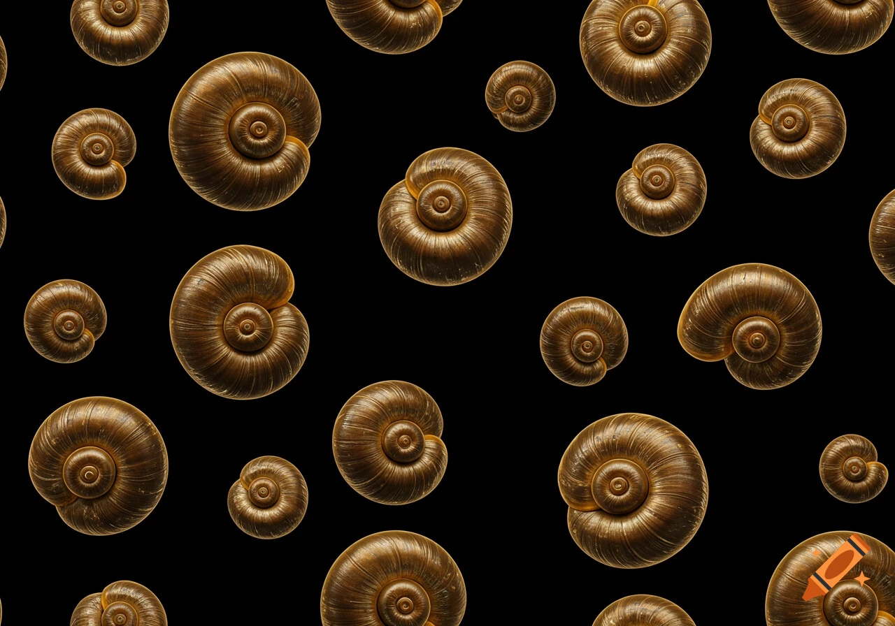 A seamless pattern of brown snail shells of various sizes against a black background.