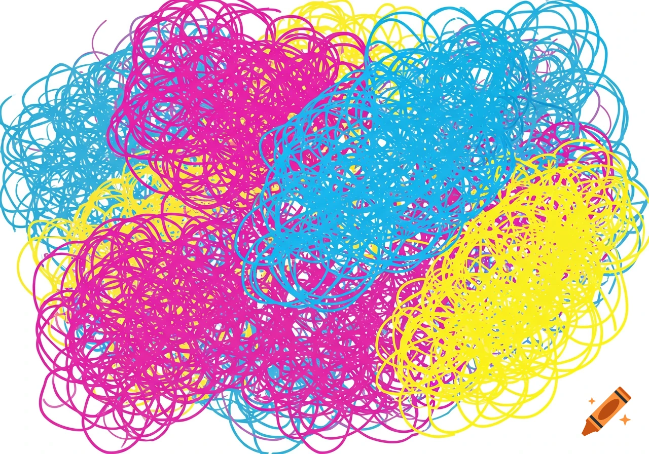 Abstract overlapping scribbles in bright pink, yellow, and blue colors on a white background.