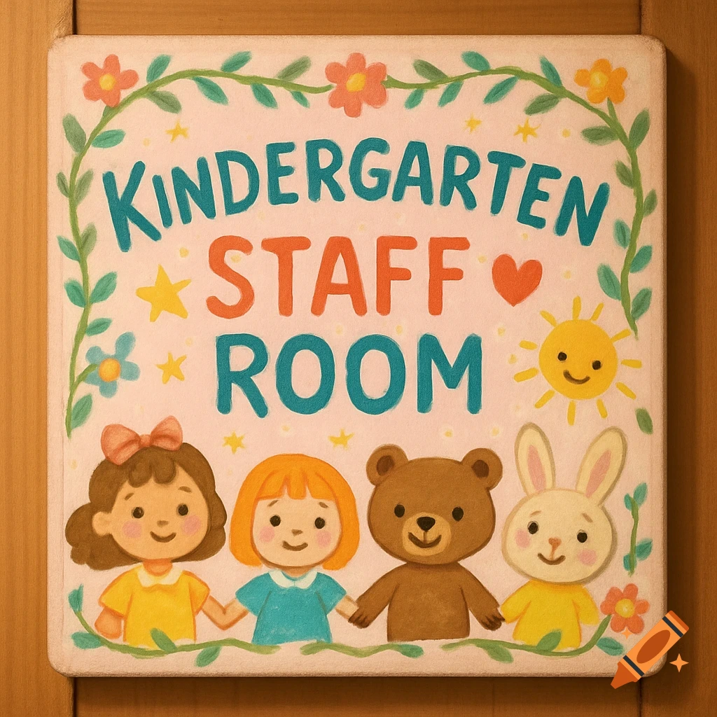 A colorful, whimsical sign for a Kindergarten Staff Room, featuring cartoon children, a bear, a bunny, and decorative flowers.