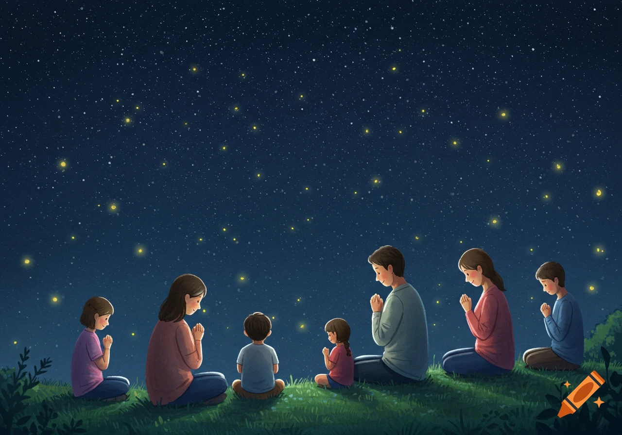 Illustrated family praying on a grassy hill under a starry night sky.