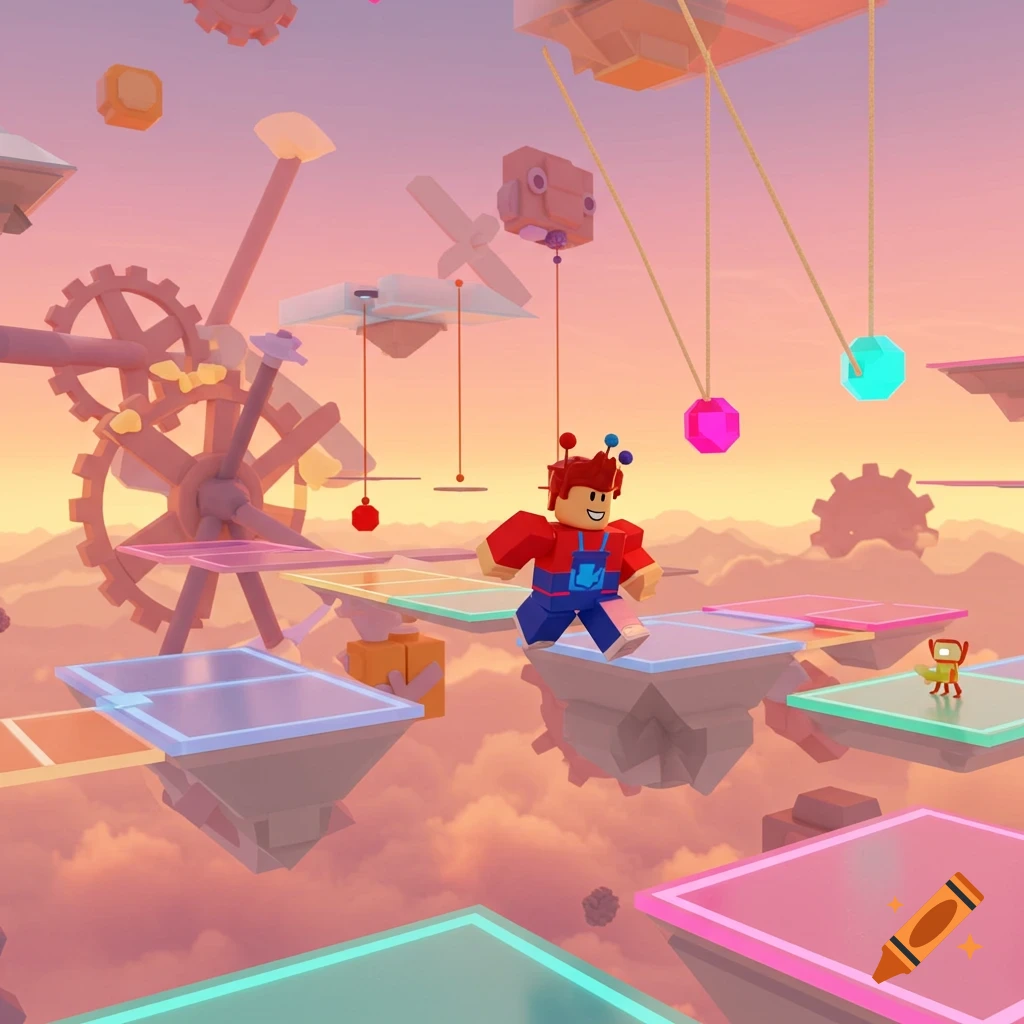 Roblox-style character in red and blue running on floating platforms in a pastel sky with gears and game elements.