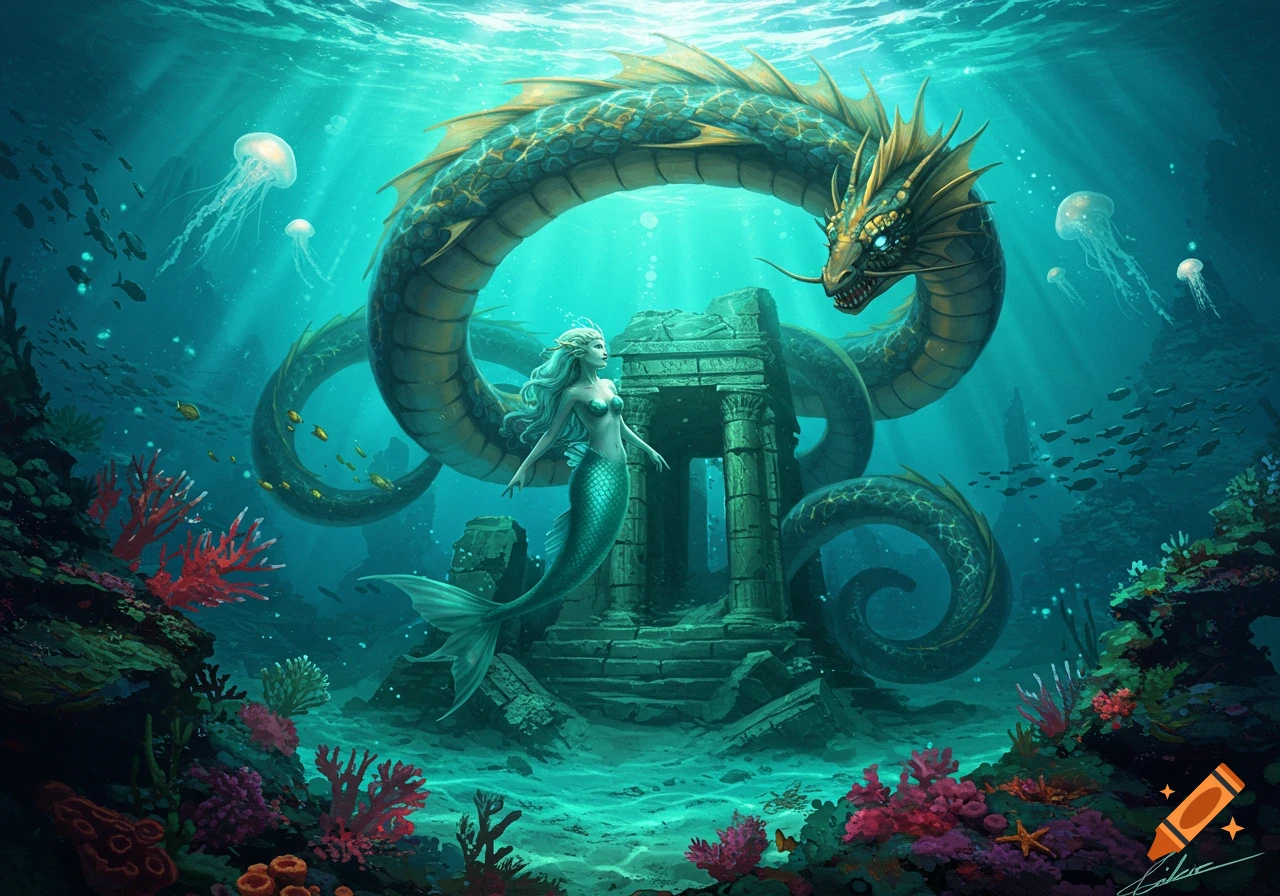 A mermaid stands before ancient underwater ruins, with a large golden-scaled sea dragon coiled around, surrounded by coral and fish.