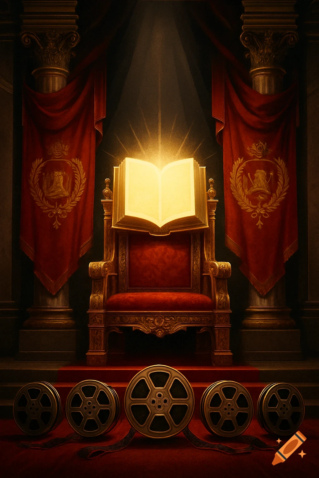 A grand golden throne with a glowing open book, flanked by red banners and columns, with film reels on a red carpet in a dramatic, regal setting.