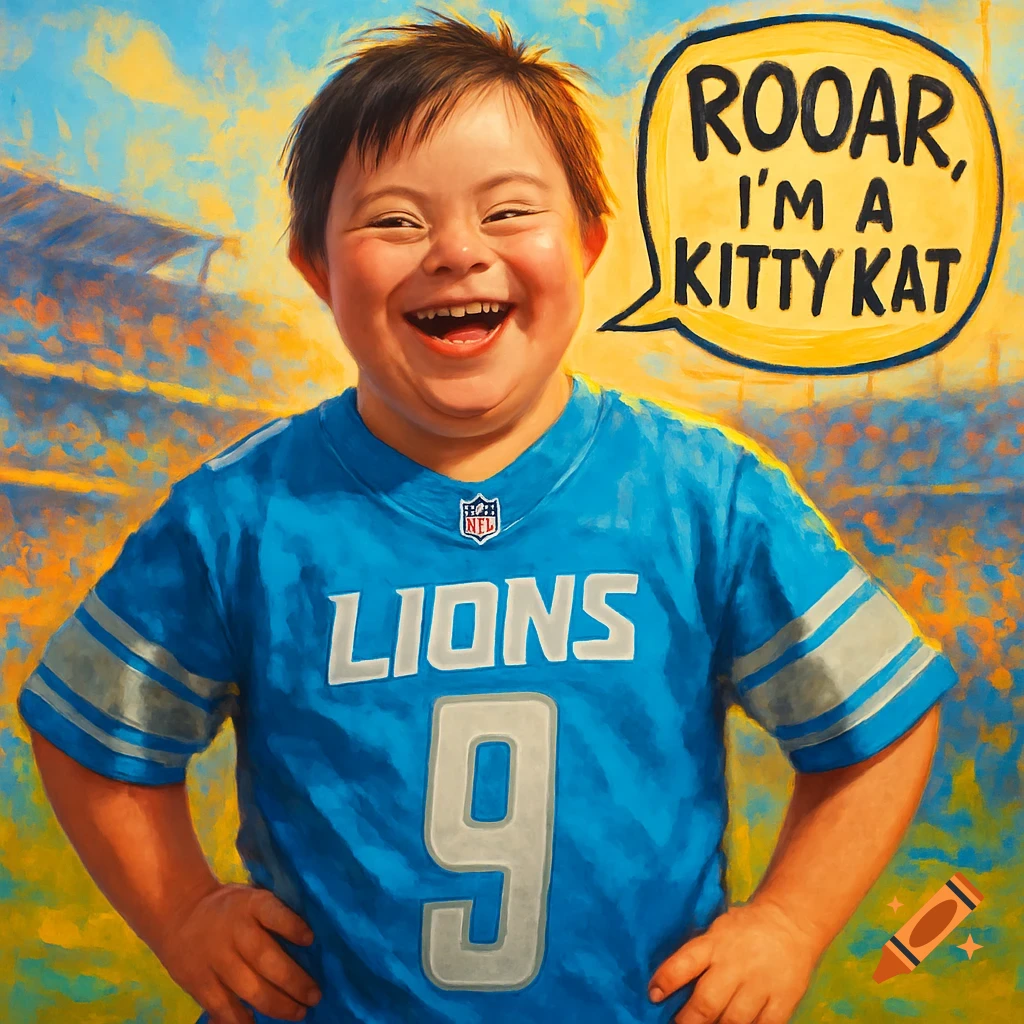 A smiling child with Down syndrome in a Detroit Lions jersey, with a speech bubble saying 'ROOAR, I'M A KITTY KAT'. Painterly style.