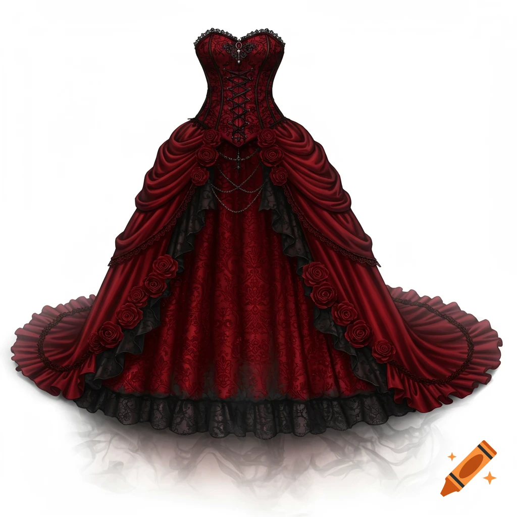 A detailed red and black gothic dress featuring a corset, lace trim, ruffles, and red roses, on a white background.